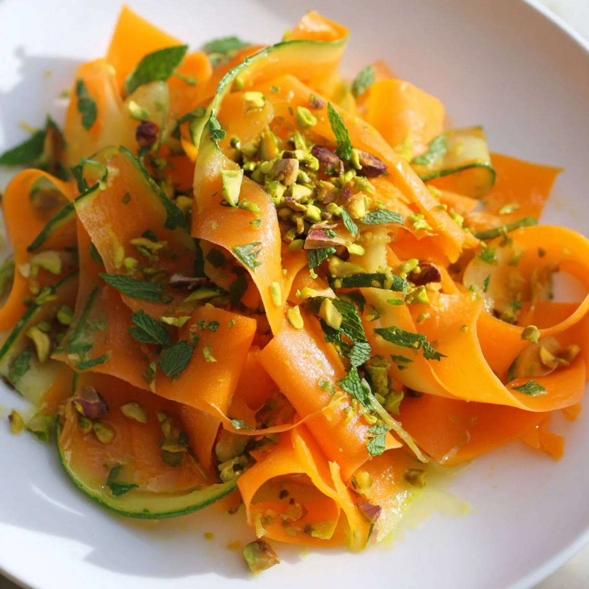 A close-up view of a refreshing Citrus Carrot Ribbon Salad, perfect for a light vegetarian lunch.
