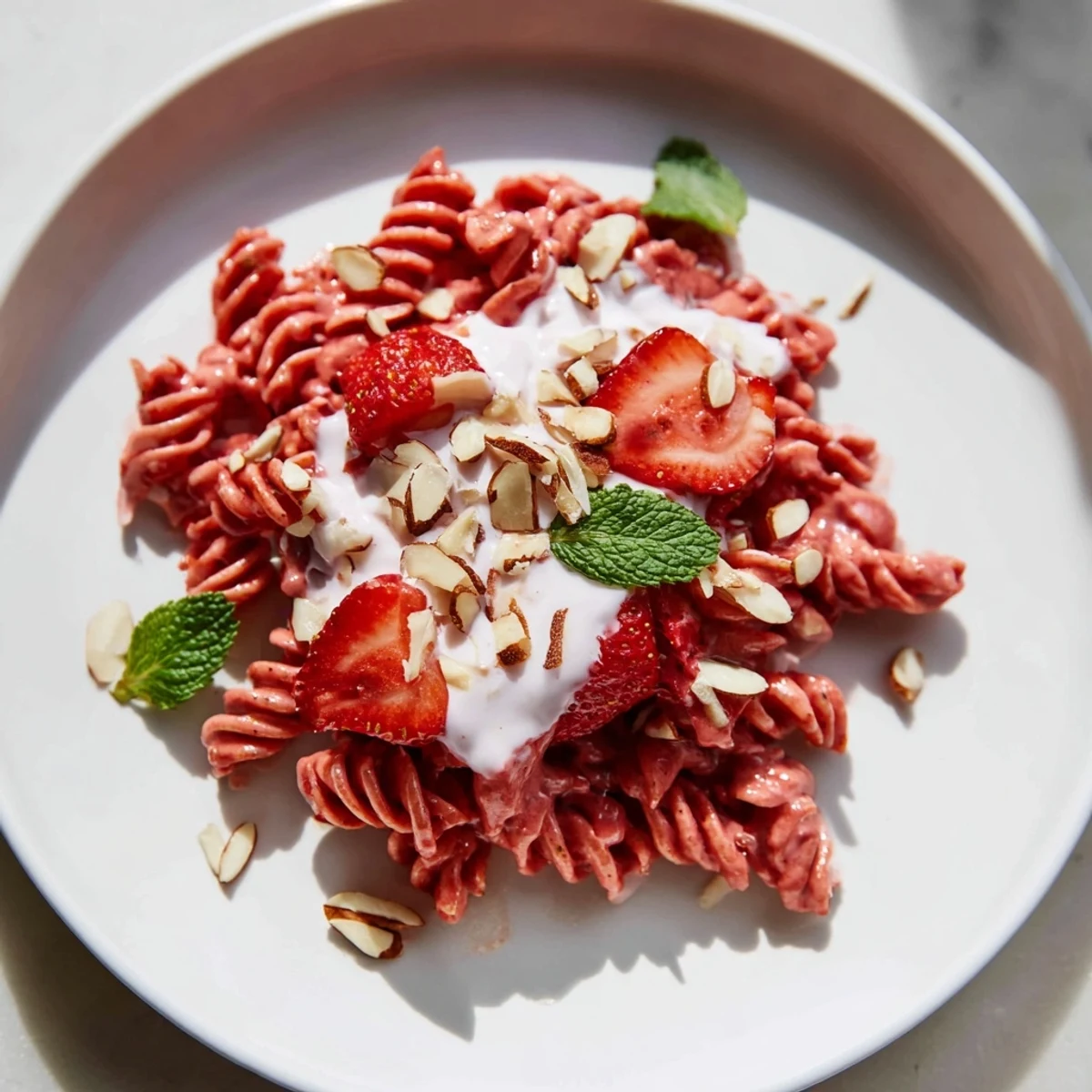Sweet Strawberry Yogurt Pasta is a colorful, summer dessert: strawberries mixed with creamy yogurt.