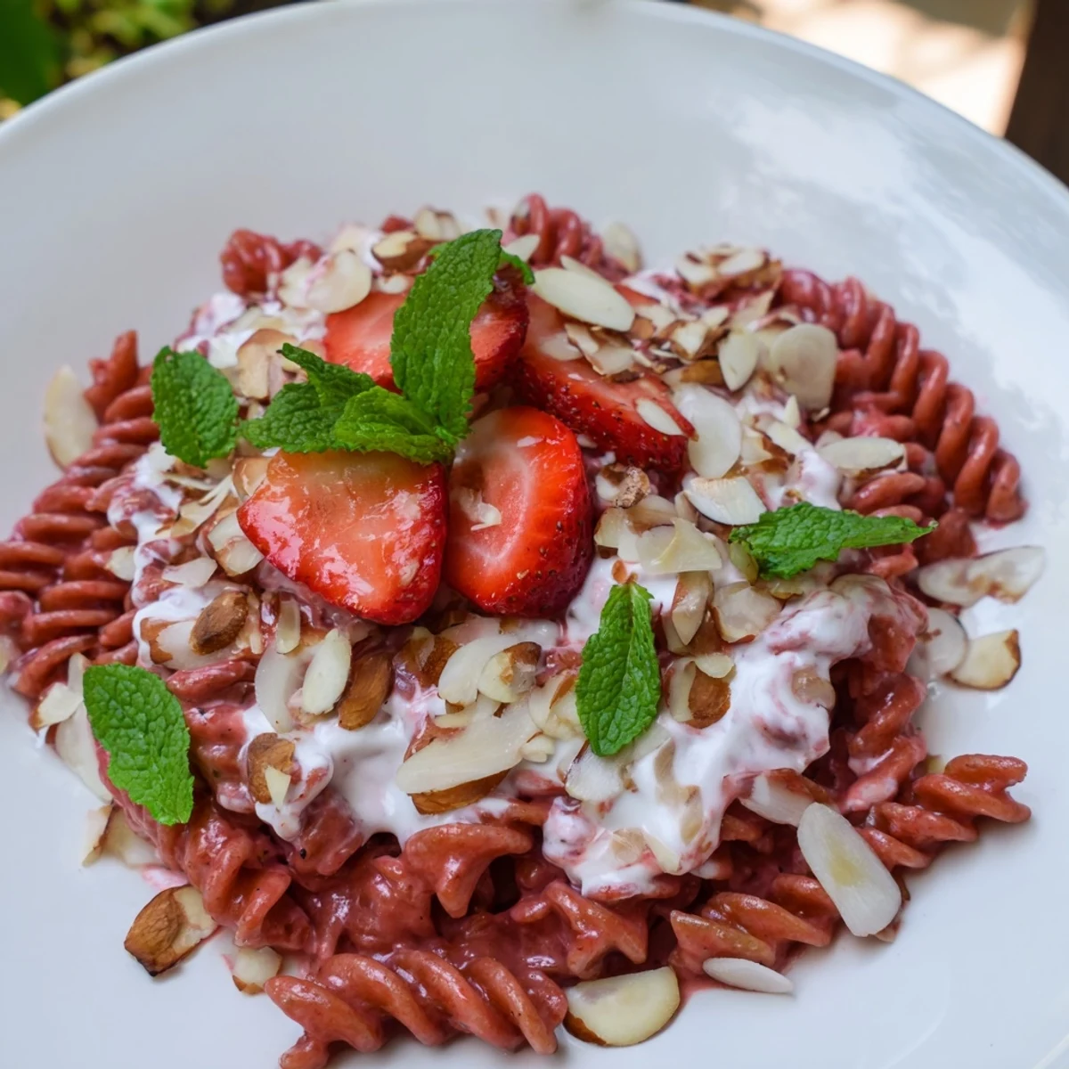 This Sweet Strawberry Yogurt Pasta shows the combined strawberry sauce and yogurt with pasta ribbons.