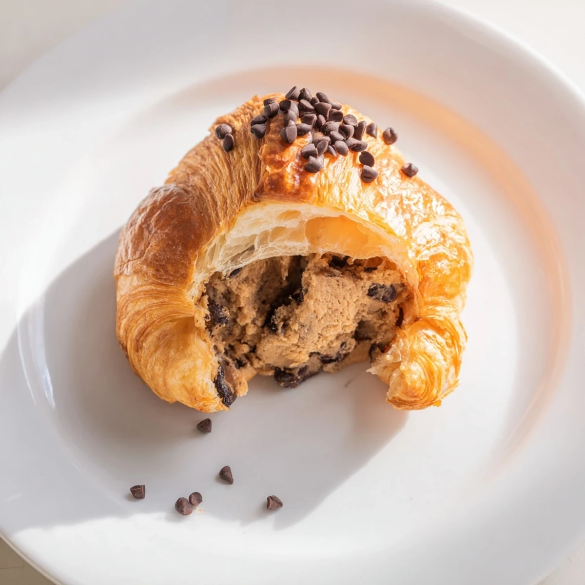 Warm, gooey Chocolate Cookie Croissants: buttery, golden pastries with chocolate chip cookie dough inside.