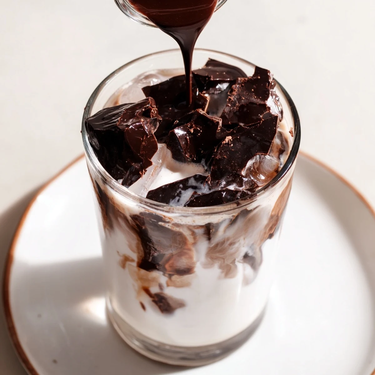 Cracked chocolate topping a beautiful Chocolate Cracking Iced Latte, ready for a delicious coffee treat.