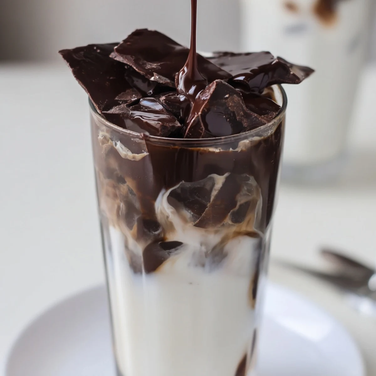 Rich espresso and milk layered under a stunning chocolate crack on this easy Chocolate Cracking Iced Latte.