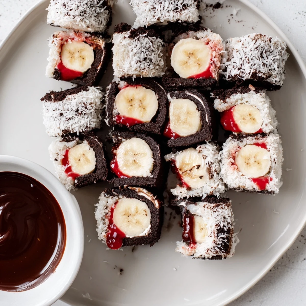 Close-up of colorful Oreo Cookie Sushi Rolls arranged around a bowl of chocolate soy dipping sauce.