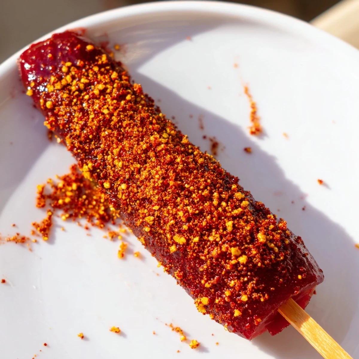 Crisp Chamoy-Tajín pickle sticks, intensely flavored, offering sweet, tangy, and zesty Mexican-inspired street food.