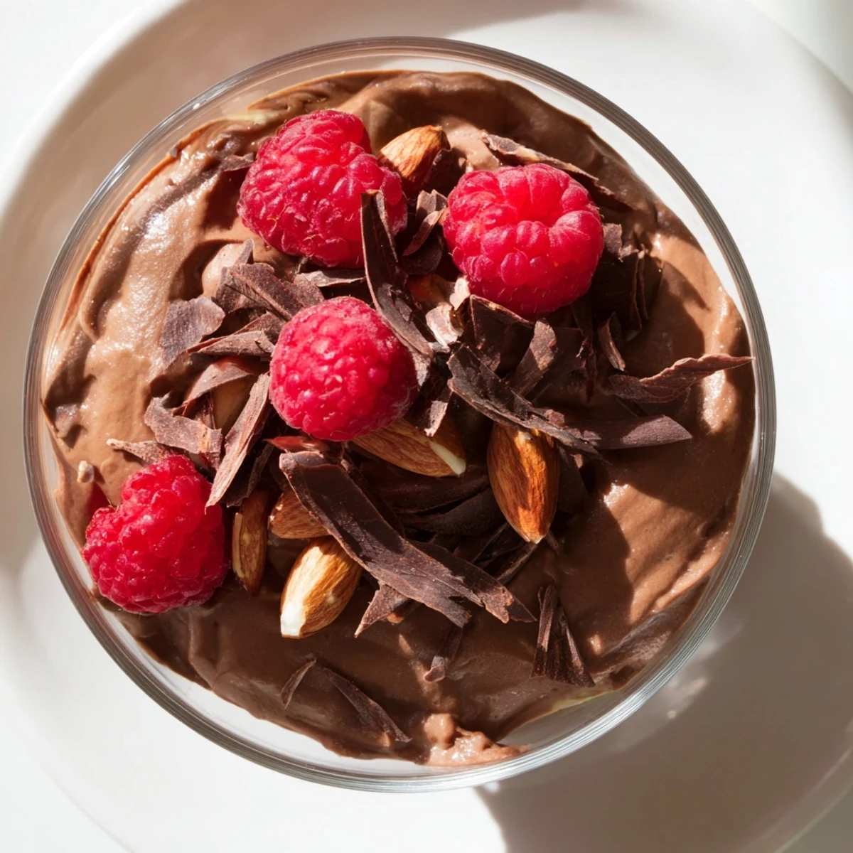 Decadent chocolate avocado mousse, creamy and dark, topped with fresh berries, ready to enjoy.