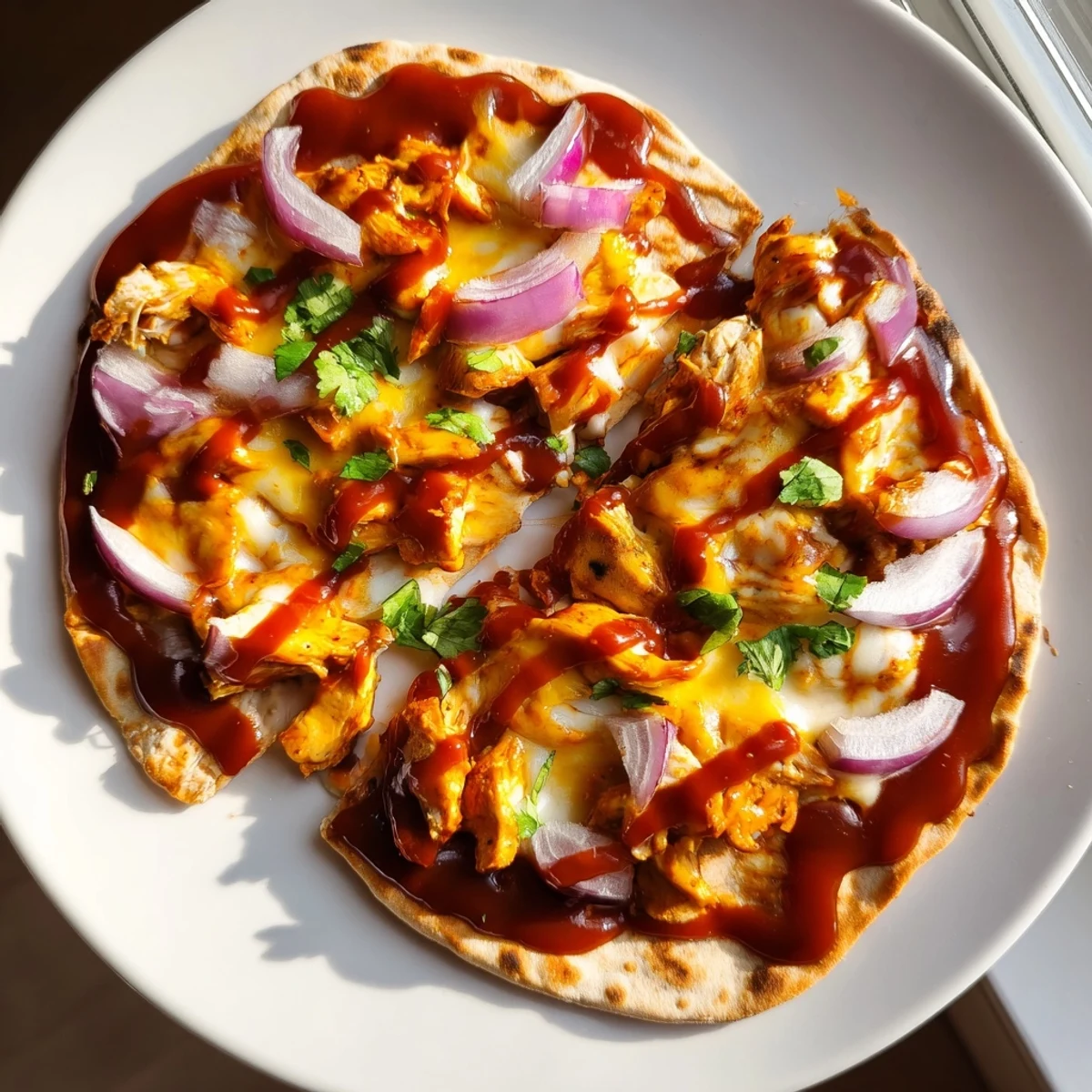 BBQ Chicken Flatbread: A close-up of a loaded flatbread with melted cheese and delicious chicken.
