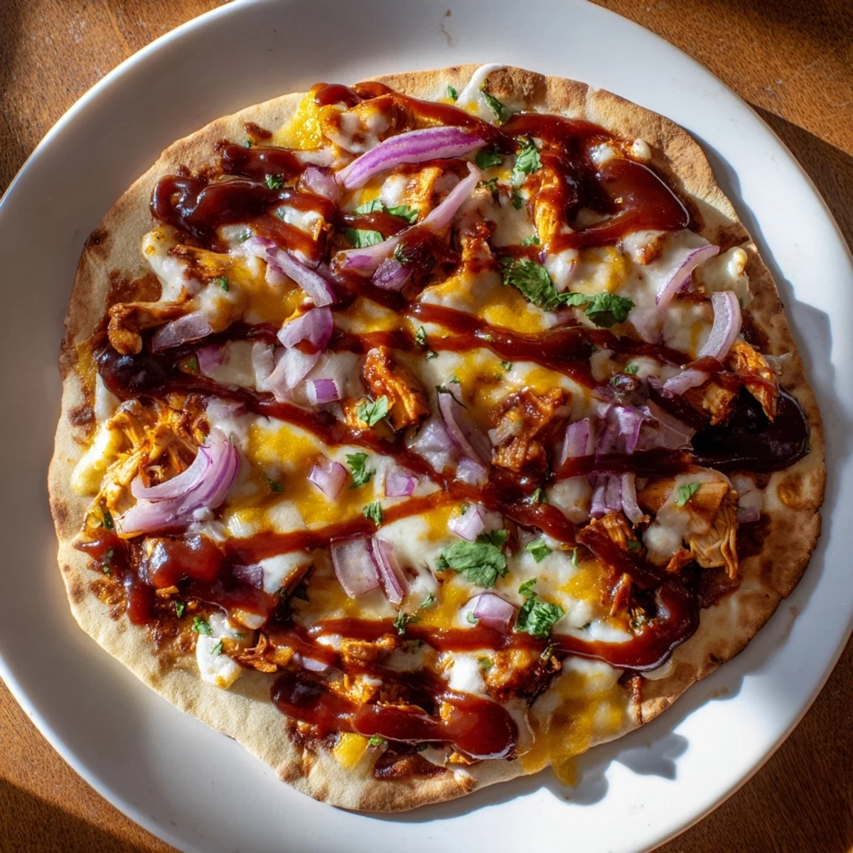 Golden, bubbly BBQ Chicken Flatbread ready to slice, with vibrant red onion and fresh cilantro.