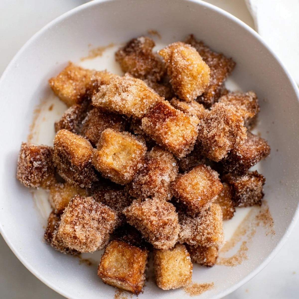 Imagine a warm bowl of French Toast Cereal, ready to be enjoyed with a splash of milk and drizzled maple syrup.