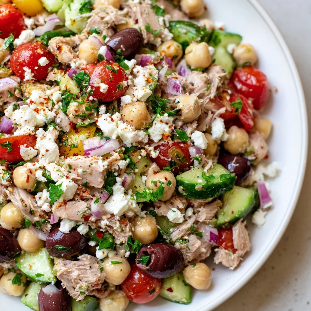 Vibrant Tuna Chickpea Salad, bursting with fresh tomatoes, herbs, and a zesty lemon dressing.