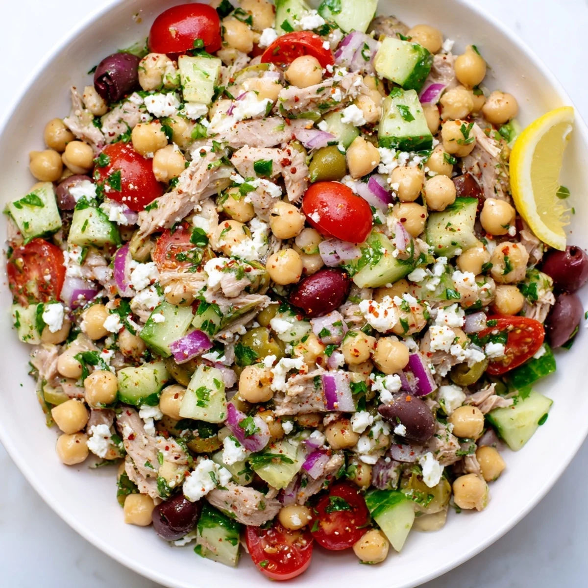 Enjoy a delicious bowl of Tuna Chickpea Salad: a protein-packed lunch option with olives.