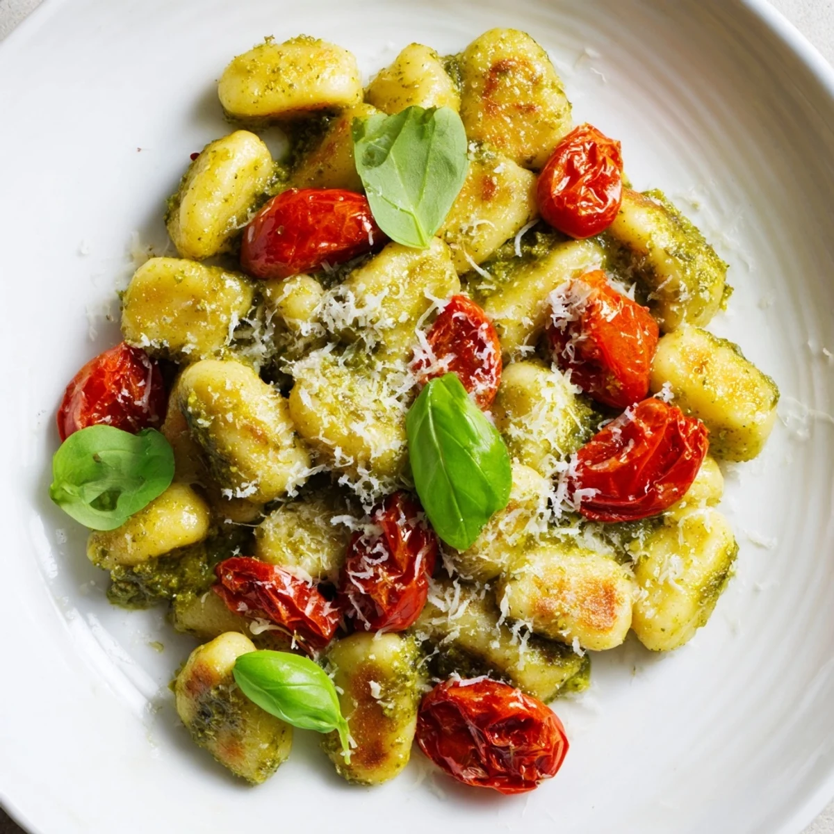 Crispy Gnocchi with Pesto, golden brown and tossed with bright green pesto, ready to serve with Parmesan.