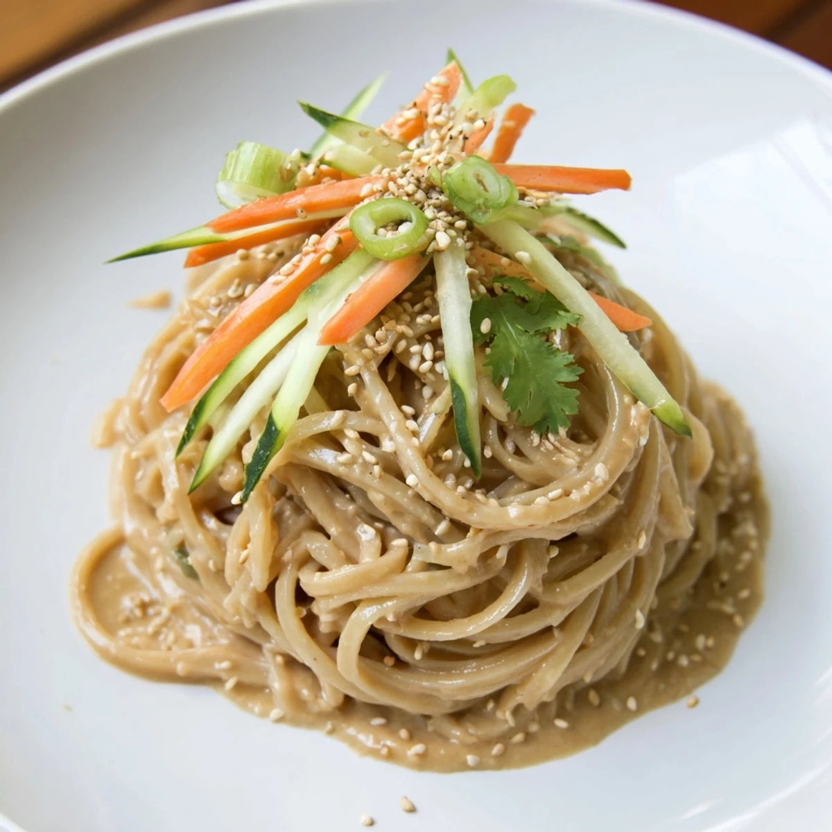 Cold Sesame Noodles served cold, beautifully arranged, filled with crunchy vegetables and sesame seeds.