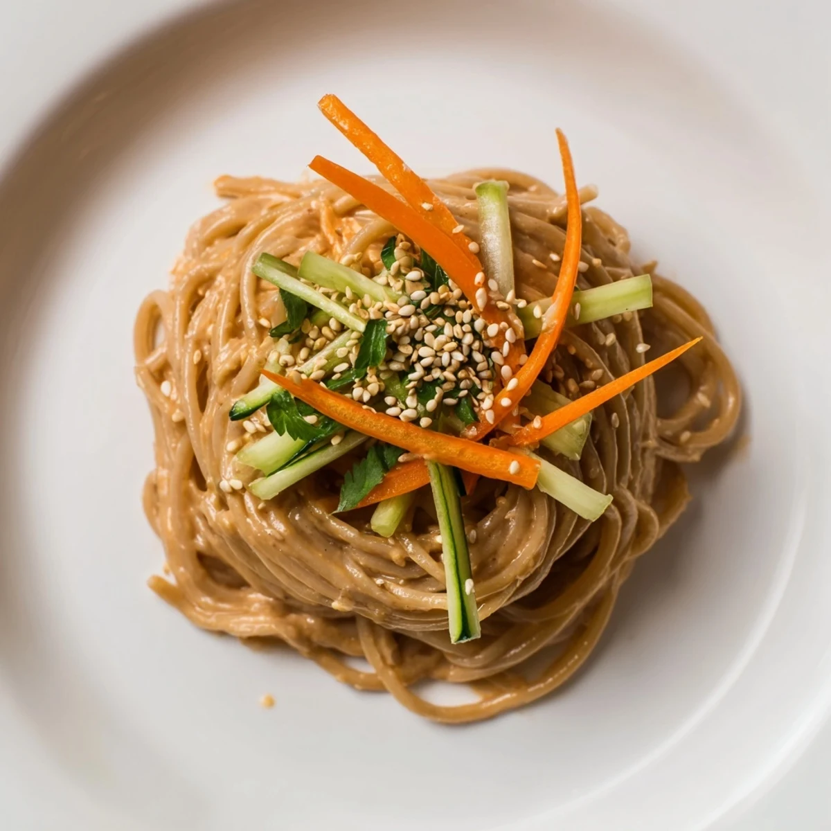 Vibrant zoom-in of Cold Sesame Noodles, showcasing the creamy sauce and colorful, refreshing toppings.