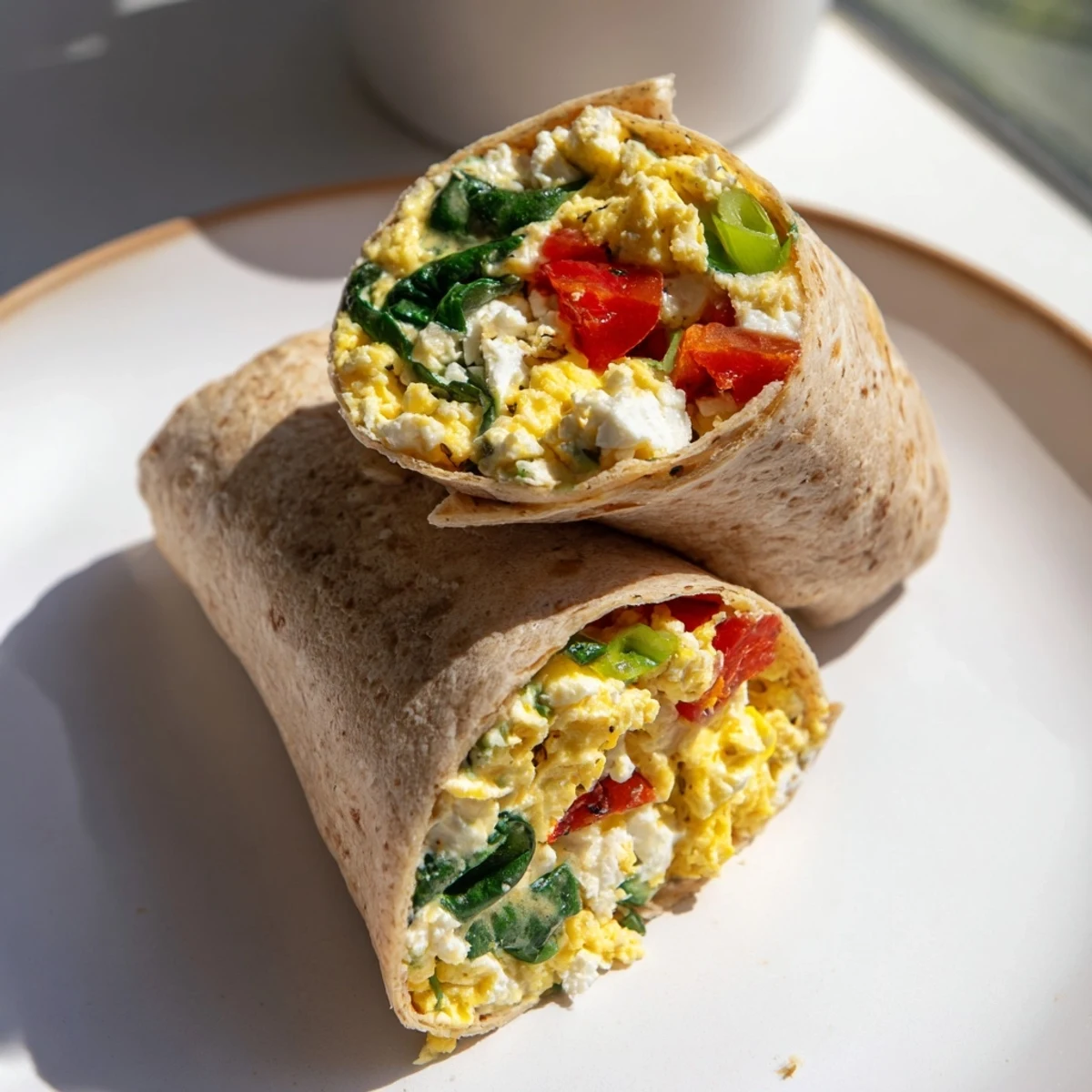 Feta Egg Wrap showcases fluffy scrambled eggs, feta, and fresh veggies inside a warm tortilla.