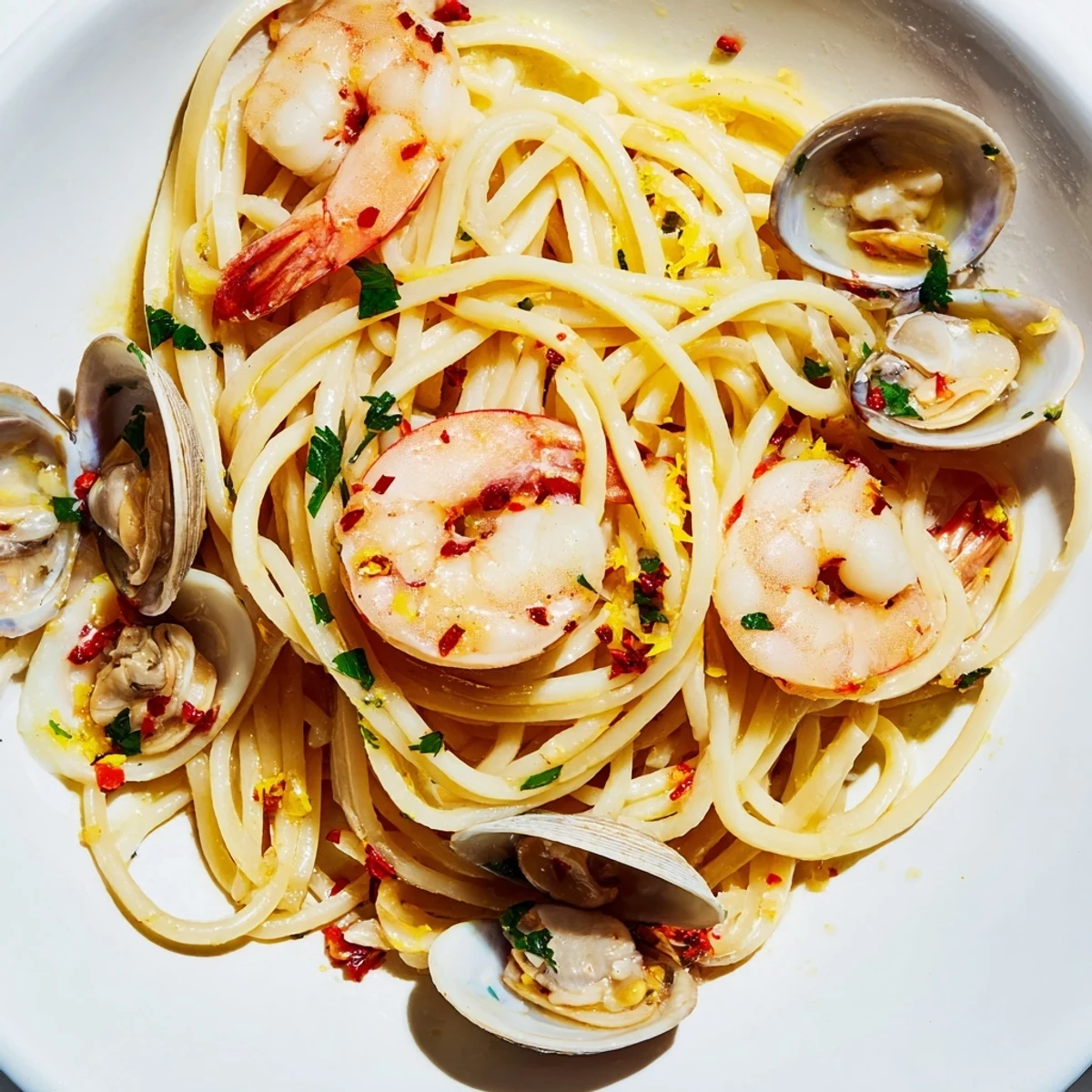Vibrant Seafood Pasta Aglio e Olio with plump shrimp, clams, and glistening olive oil.