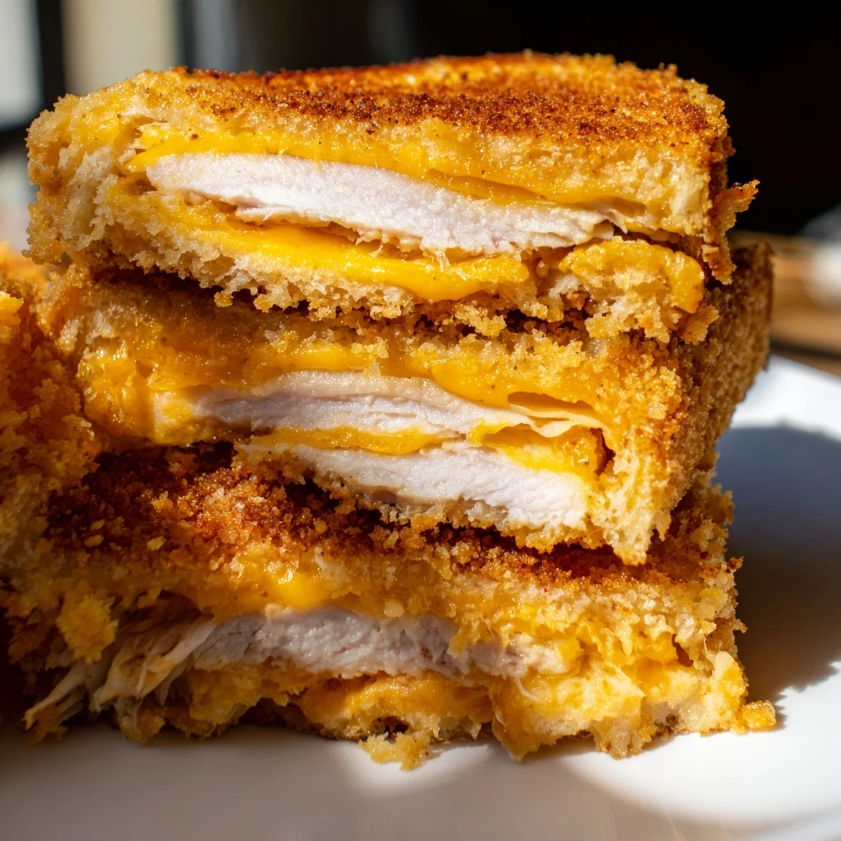 Golden-brown Crispy Panko Pork Chop Grilled Cheese with melted cheddar and crispy bread, a delicious American meal.