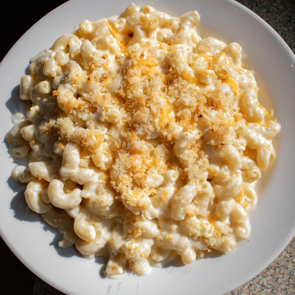 A close-up of creamy, cheesy mac and cheese, ready to be served hot.