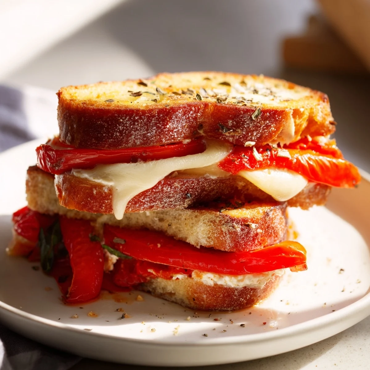 Golden, melty Roasted Red Pepper Grilled Cheese, with sweet peppers oozing from crispy sourdough bread.