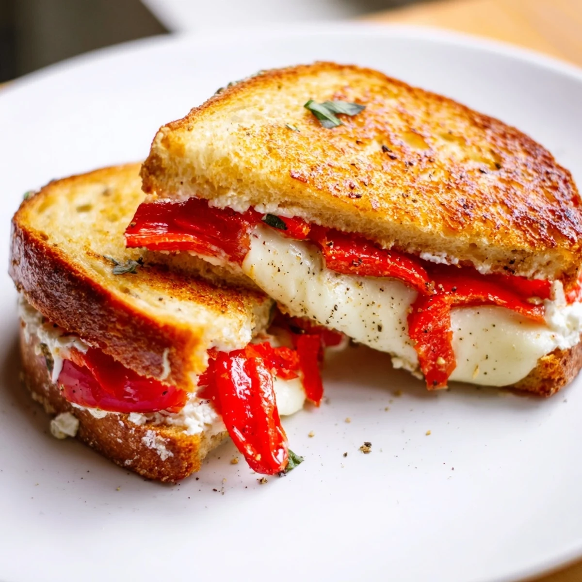 A close-up of a perfectly grilled Roasted Red Pepper Grilled Cheese, ready to eat alongside tomato soup.