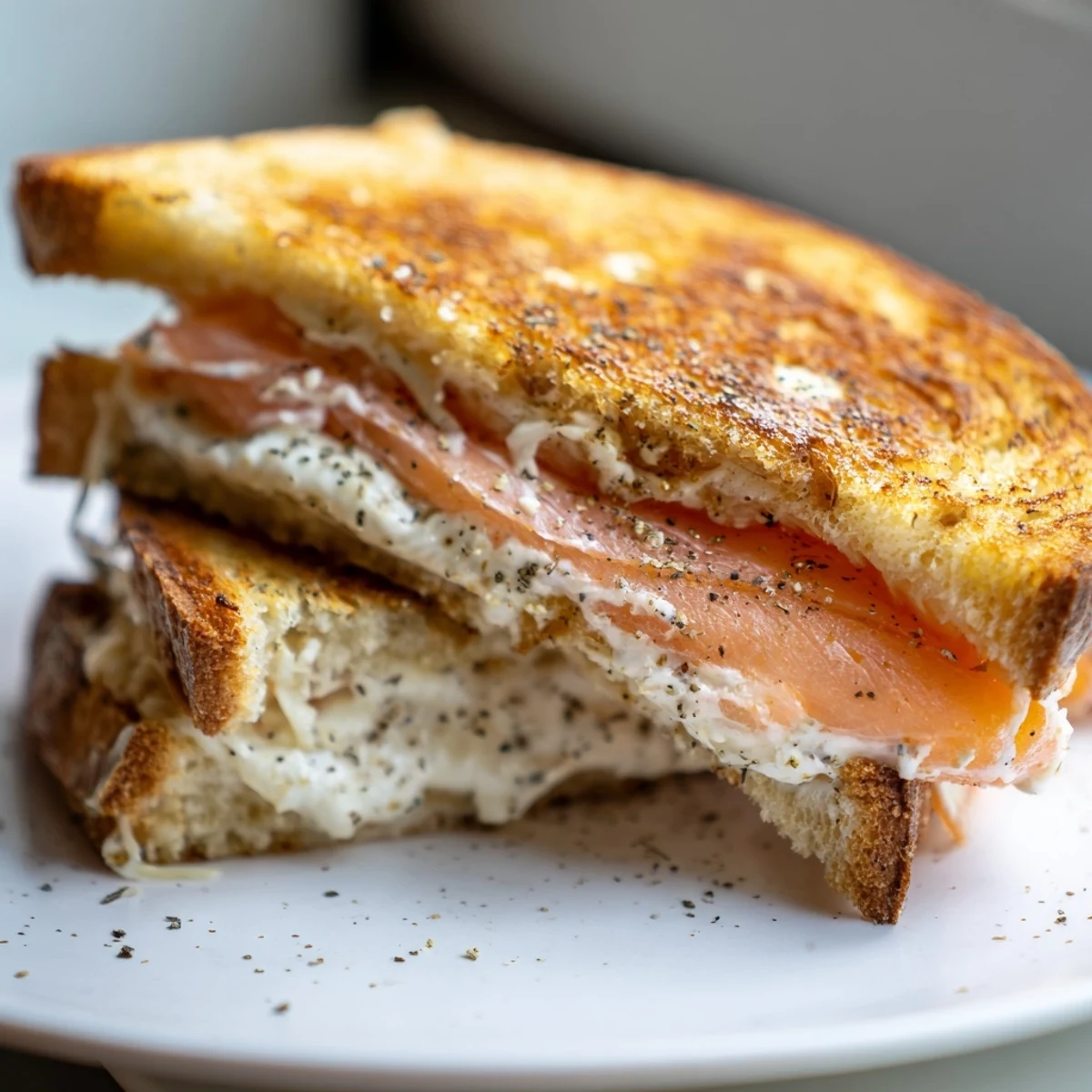Golden grilled Smoked Salmon Grilled Cheese sandwich, cheese oozing and salmon visible, ready to be sliced.