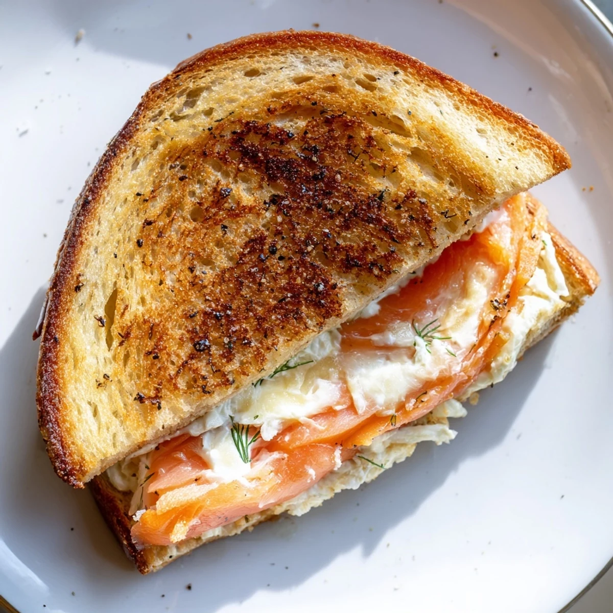 Mouthwatering close-up of a perfectly toasted Smoked Salmon Grilled Cheese, with melted cheese and fresh herbs.