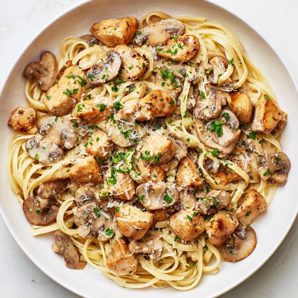 A satisfying bowl of creamy mushroom chicken pasta features tender chicken and savory mushrooms.