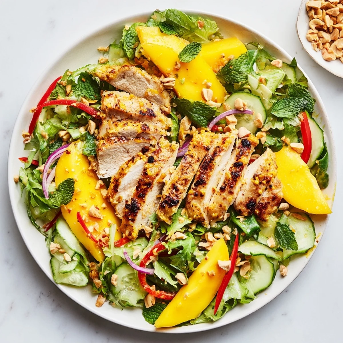 A colorful Thai Mango Chicken Salad with glistening mangoes and perfectly cooked chicken.