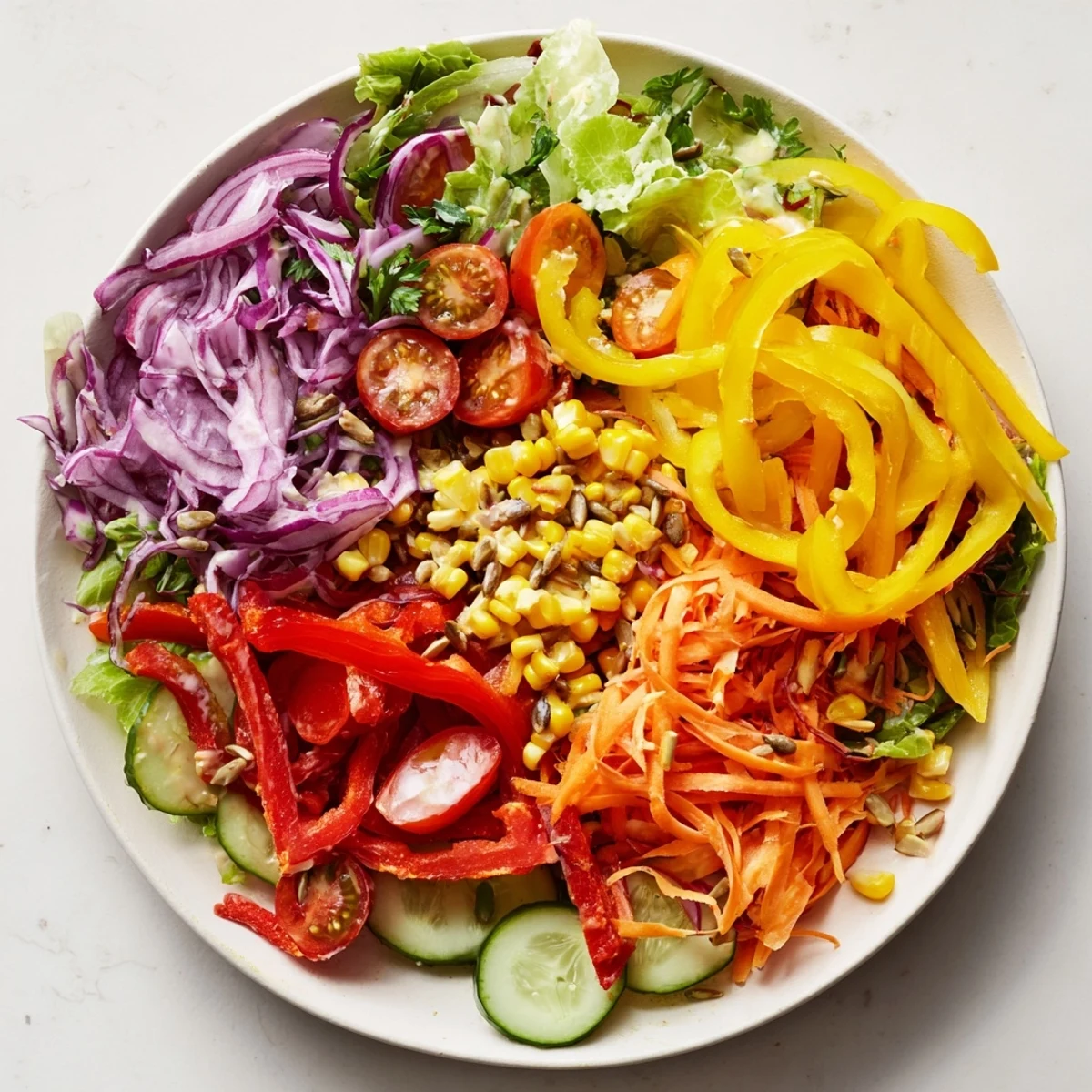 Vibrant Rainbow Salad, a refreshing mix of vegetables coated in creamy and tangy tahini dressing.