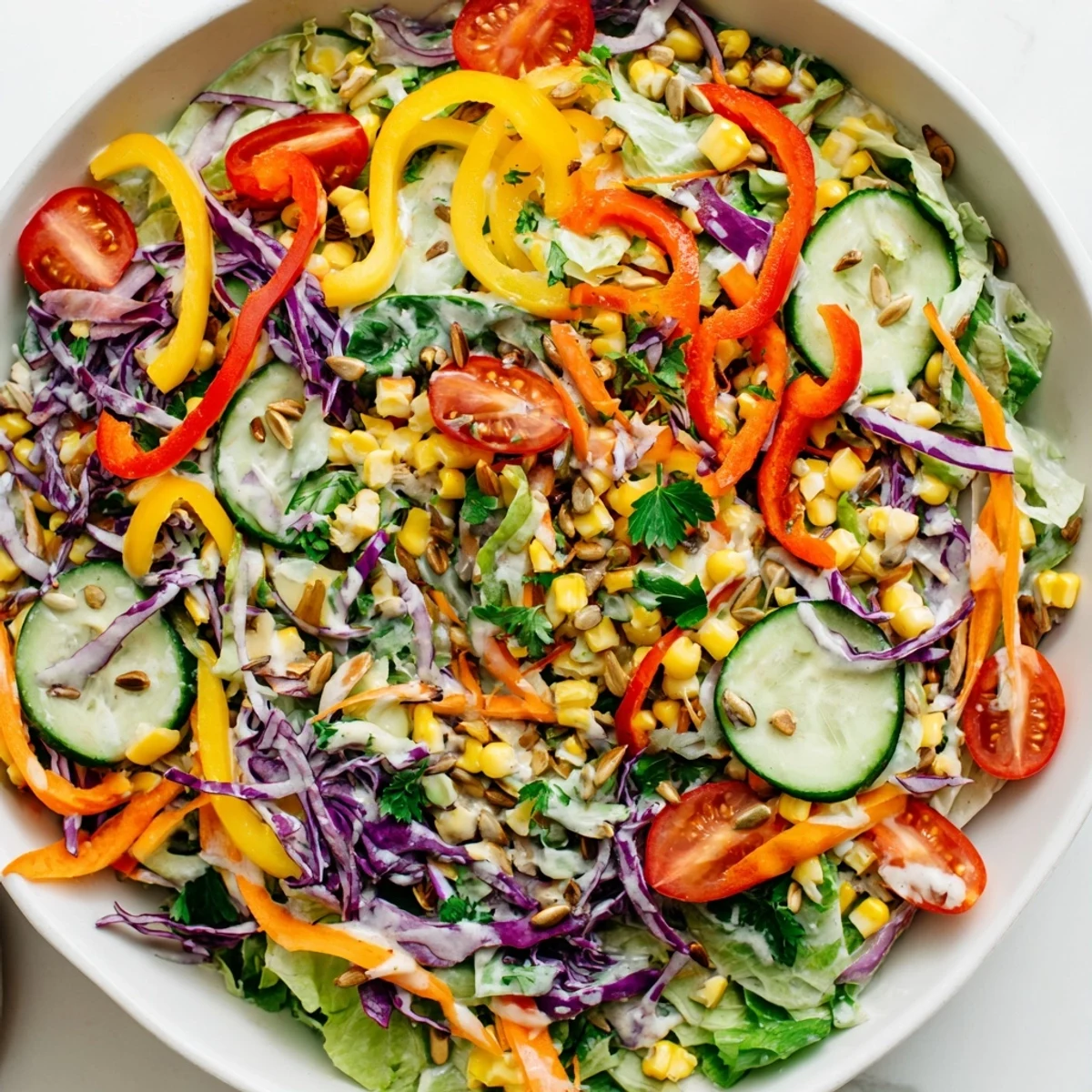 Colorful Rainbow Salad featuring crisp, fresh veggies and a delicious tahini dressing, ready to eat.