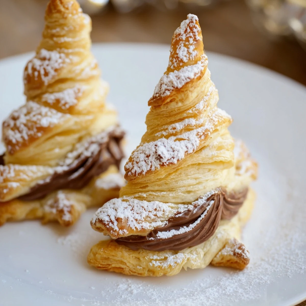 Crispy-edged Nutella Pastry Christmas Trees dusted with powdered sugar, ready for a delicious dessert.