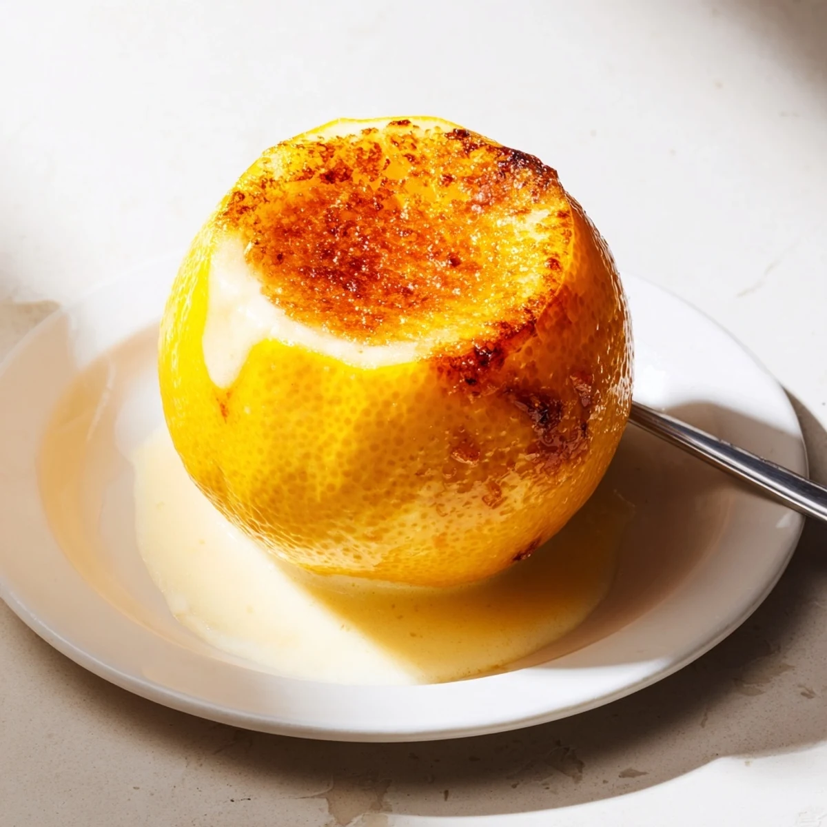 Smooth, creamy Lemon Brûlée Posset in scooped lemon halves, ready for a luxurious dessert.
