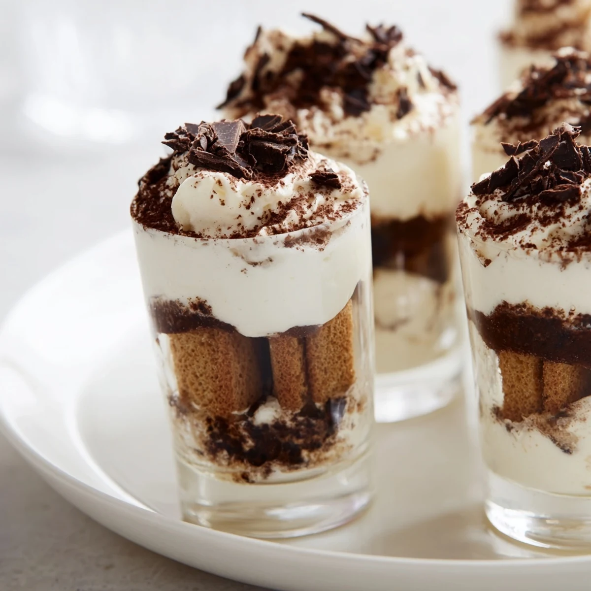 Deconstructed tiramisu shots, rich layers of espresso biscuits and creamy mascarpone, ready to enjoy.