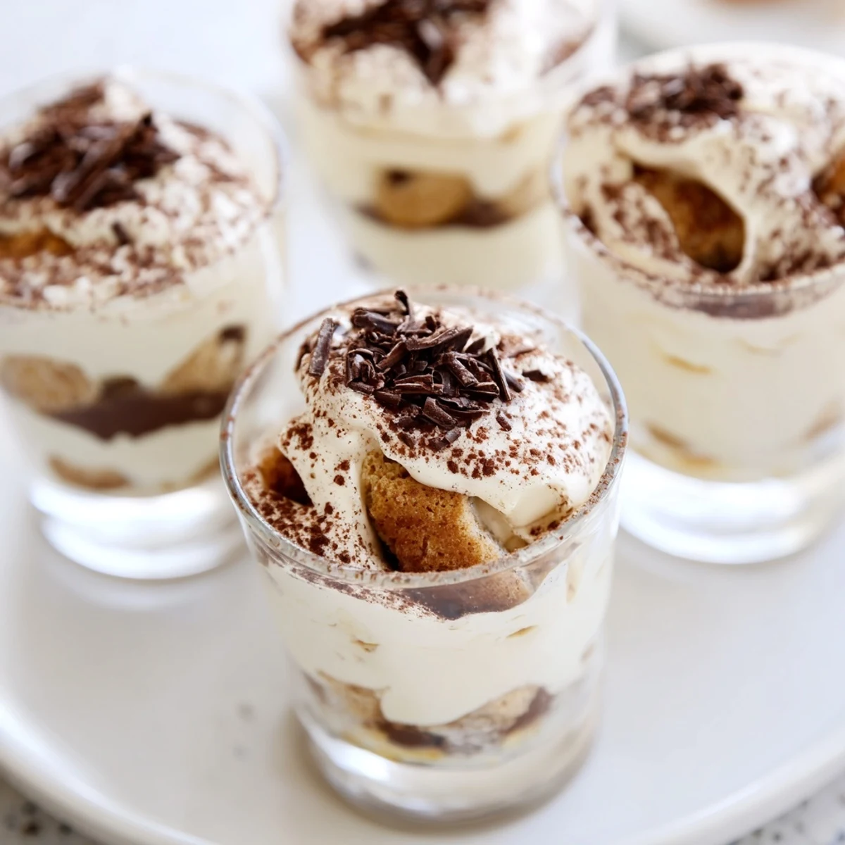 Elegant deconstructed tiramisu shots, with cocoa dusting and dark chocolate shavings, perfect dessert.