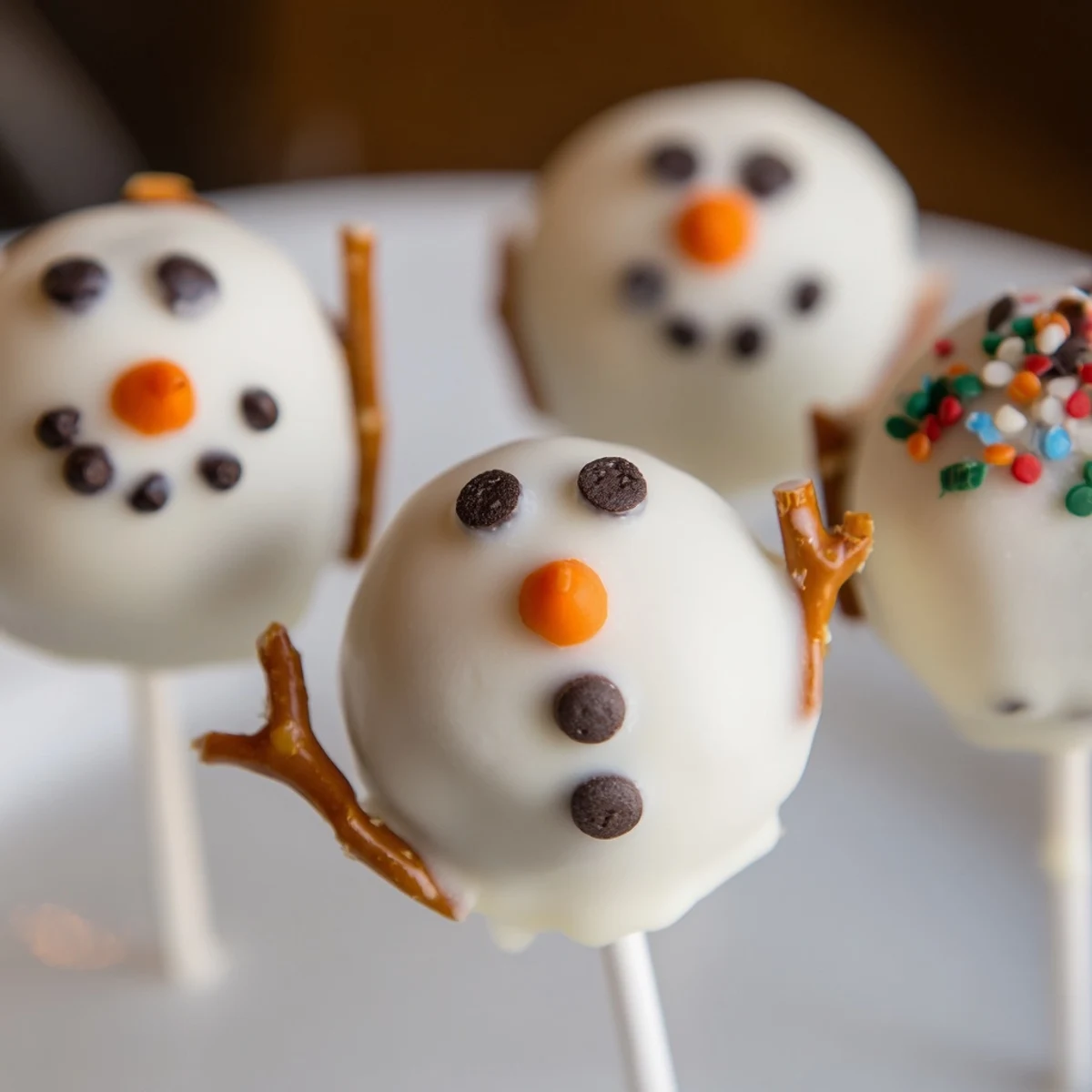 Delicious Oreo snowman cake pops with pretzel arms, a fun winter dessert for kids.