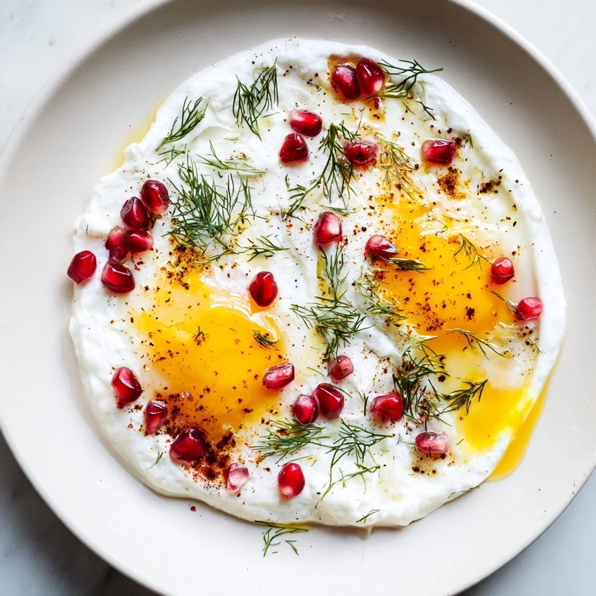 This vibrant Çılbır recipe features eggs nestled in garlicky yogurt with a sprinkle of pomegranate.