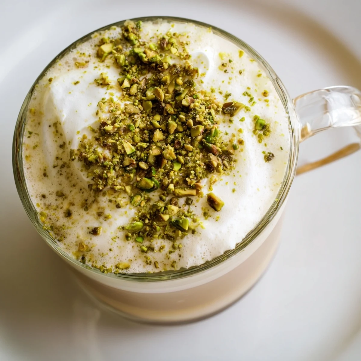 Steaming pistachio latte, crowned with fluffy cold foam, a delicious gourmet drink.
