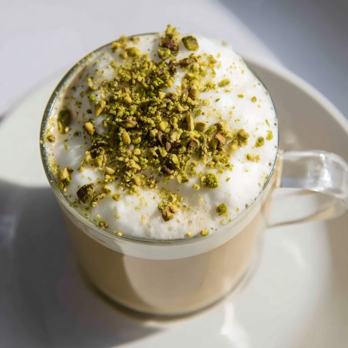 This beautiful pistachio latte is topped with cold foam and chopped pistachios.