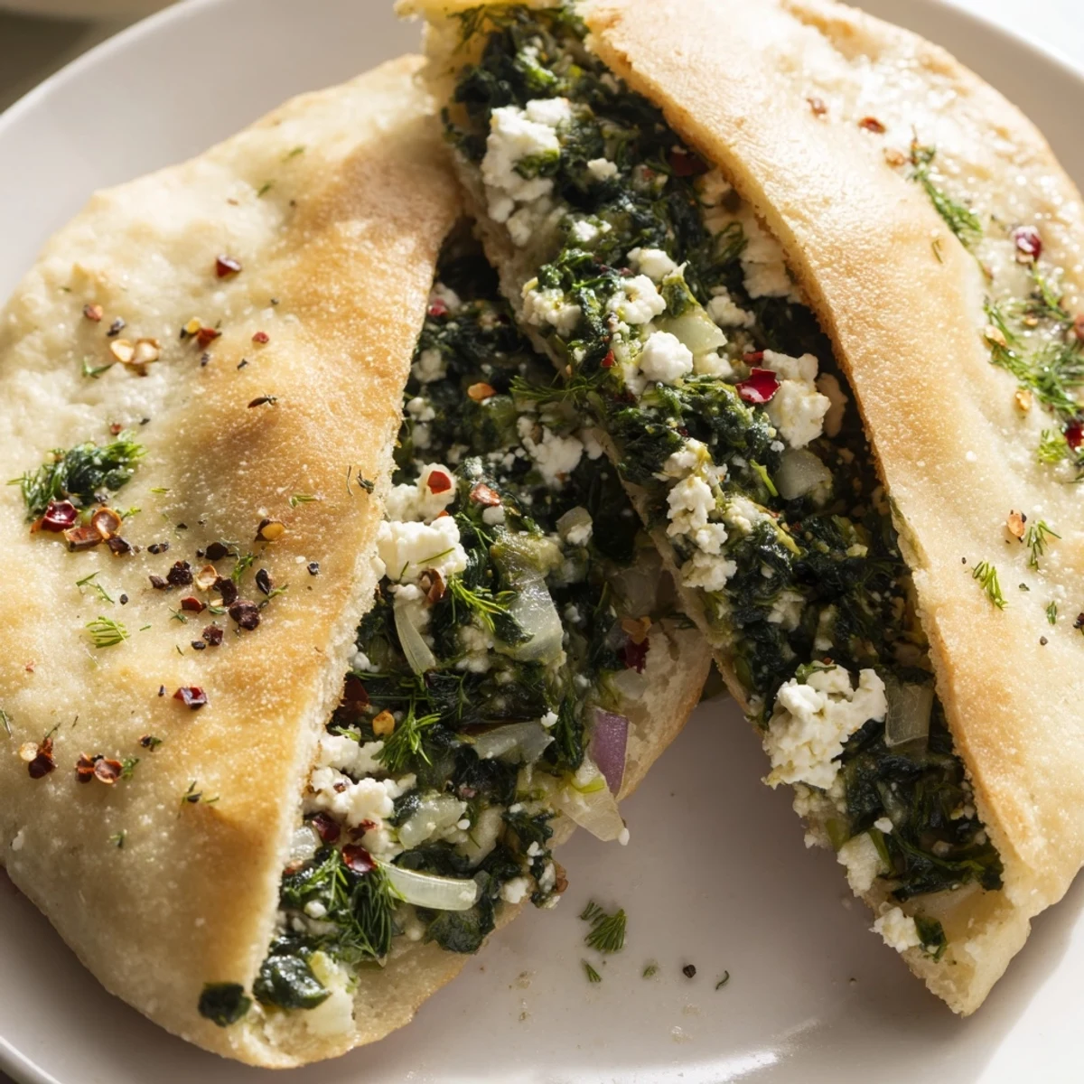 Close-up of freshly baked Turkish Spinach & Feta Flatbread, showcasing the flaky crust and savory filling.