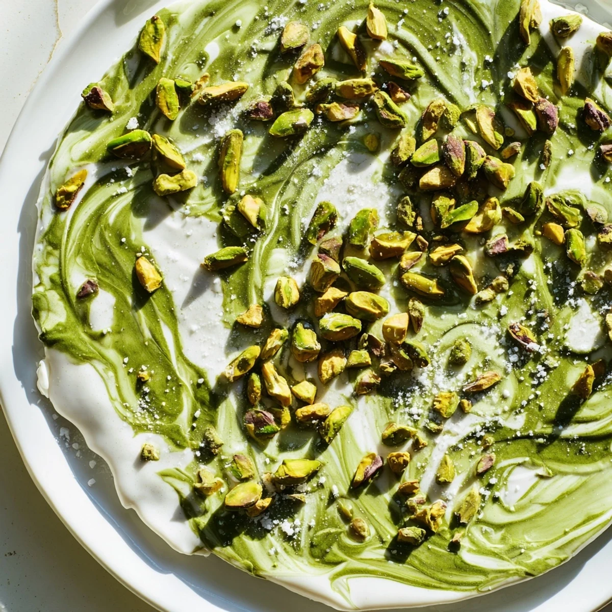 Creamy white chocolate Pistachio Matcha bark speckled with vibrant green matcha swirls, ready to break and enjoy.