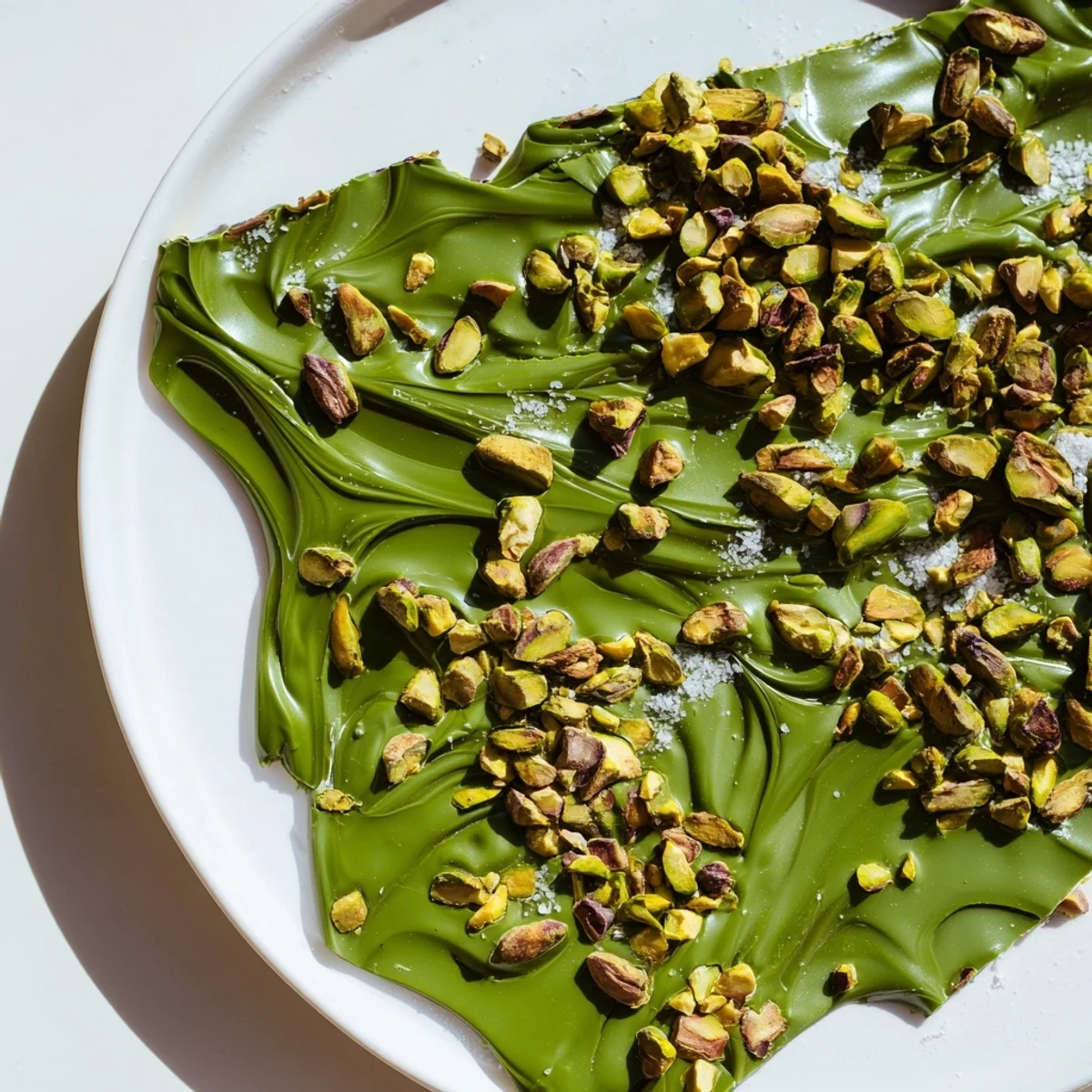 Close-up of freshly made Pistachio Matcha White Chocolate, showcasing the rich green matcha and crunchy pistachios.