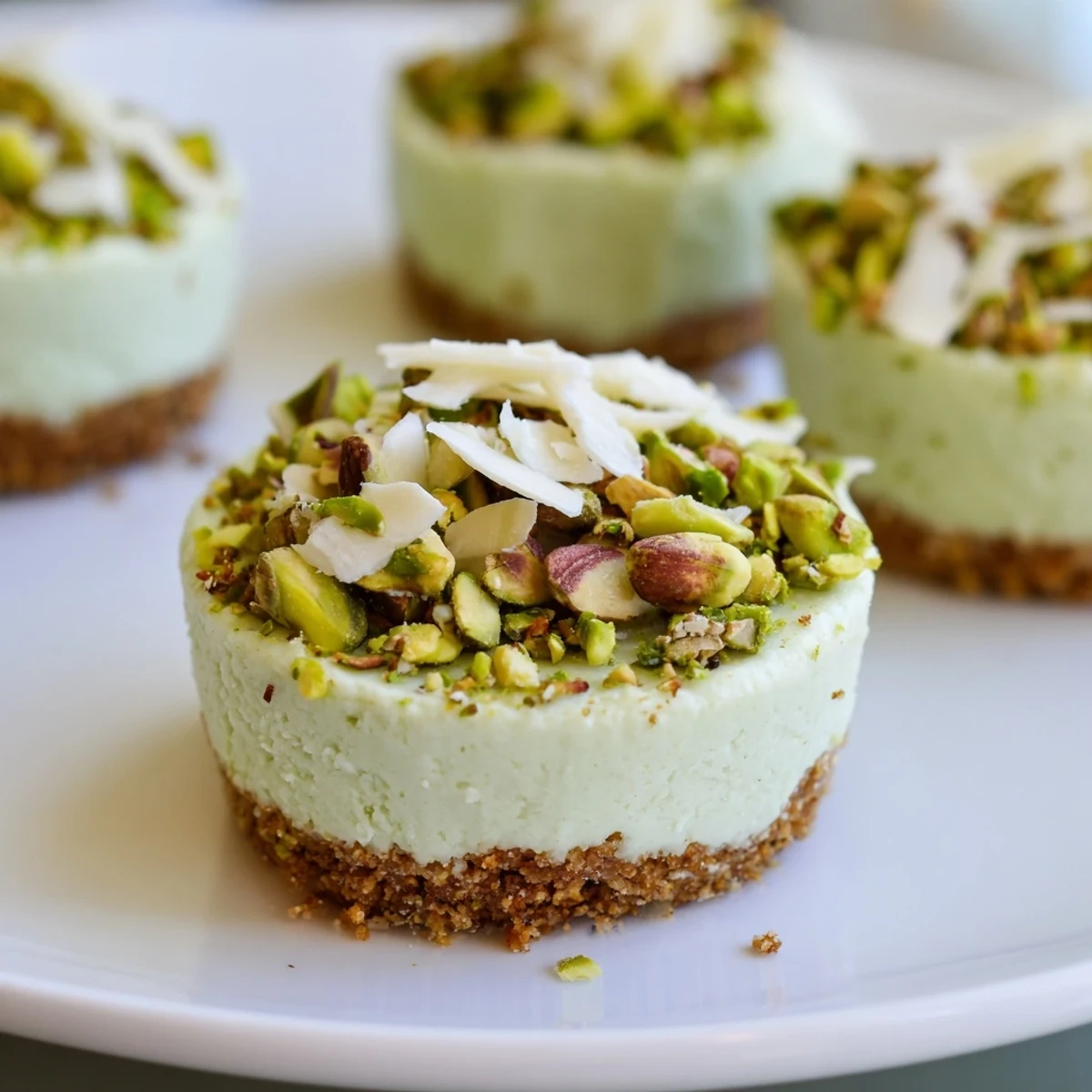 Pistachio cheesecake bites arranged on a plate, showcasing a creamy filling atop a crushed pistachio crust.