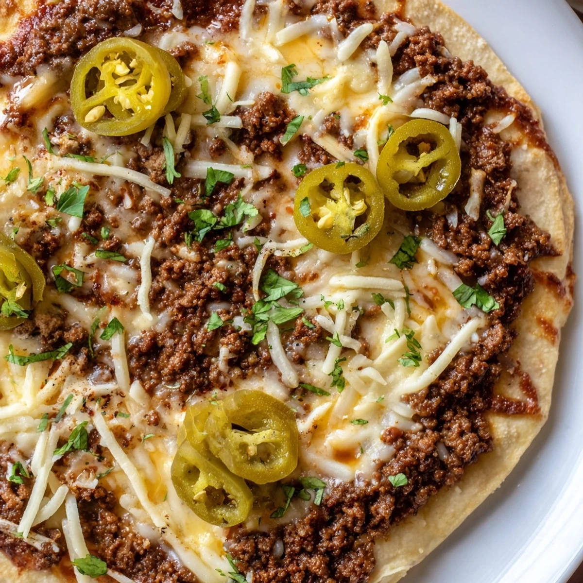 Spicy Ground Beef Pizza Base, topped with bubbling cheese and savory beef, ready to be sliced.