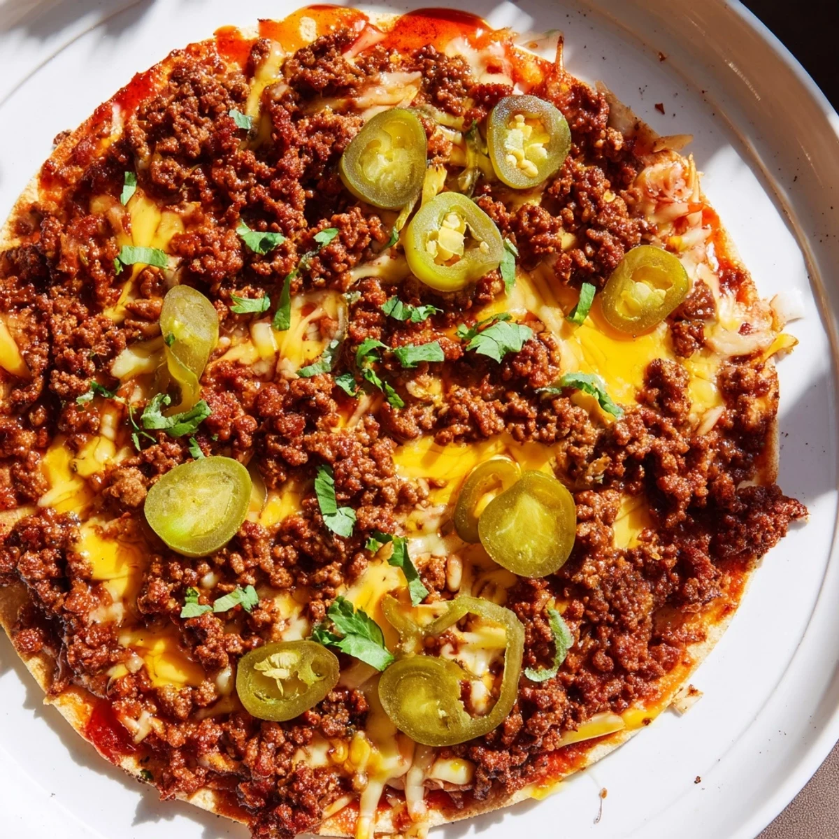 A close-up of a deliciously prepared Spicy Ground Beef Pizza Base, drizzled with hot honey.
