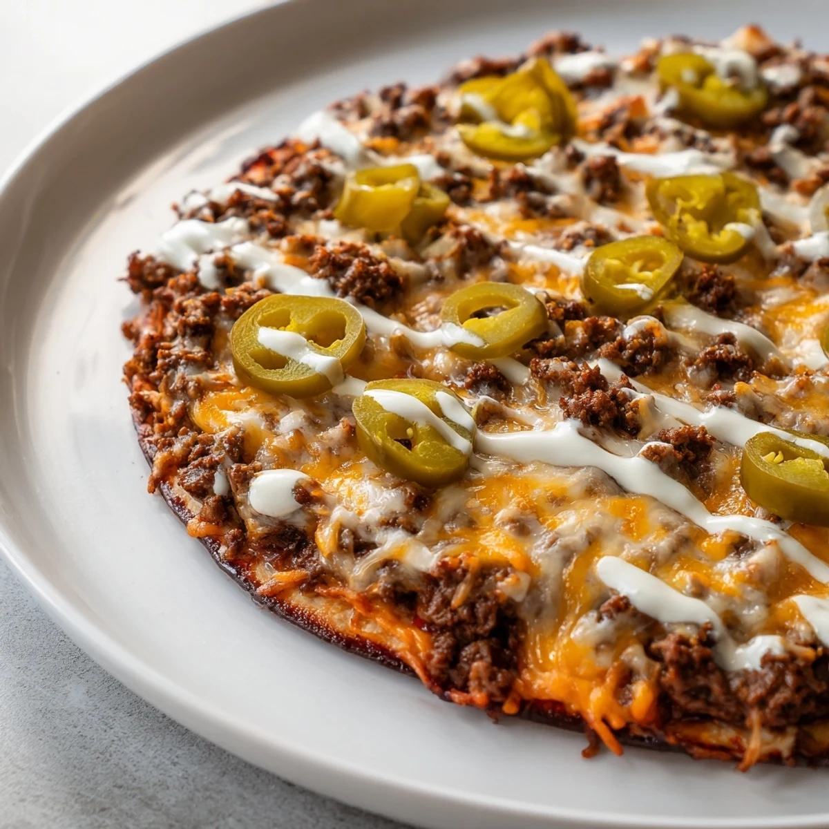 Ground Beef Taco Pizza: A bubbly, cheesy pizza with seasoned ground beef and jalapeño slices.