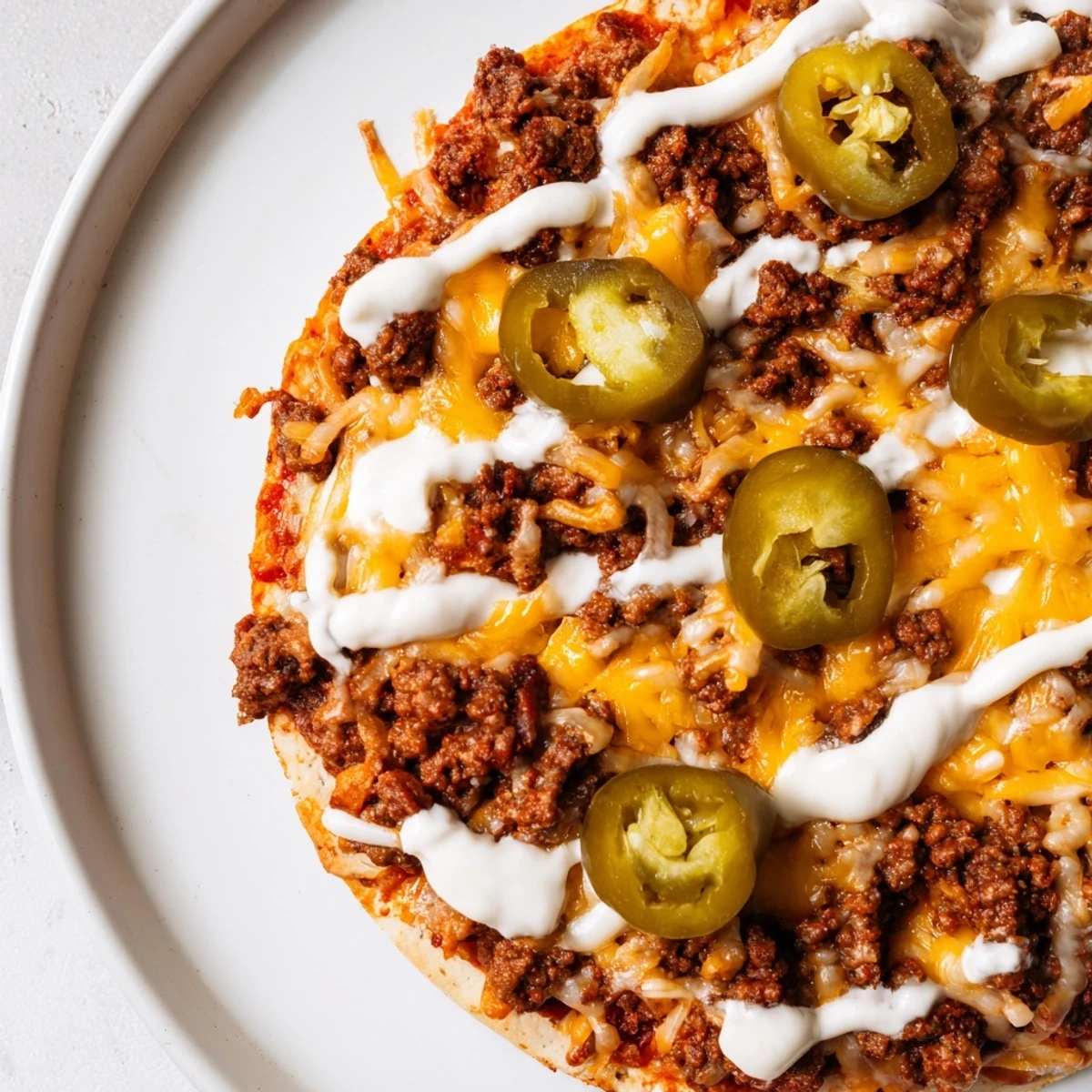 This Ground Beef Taco Pizza bursts with Tex-Mex flavors, featuring melted cheese and a sour cream drizzle.