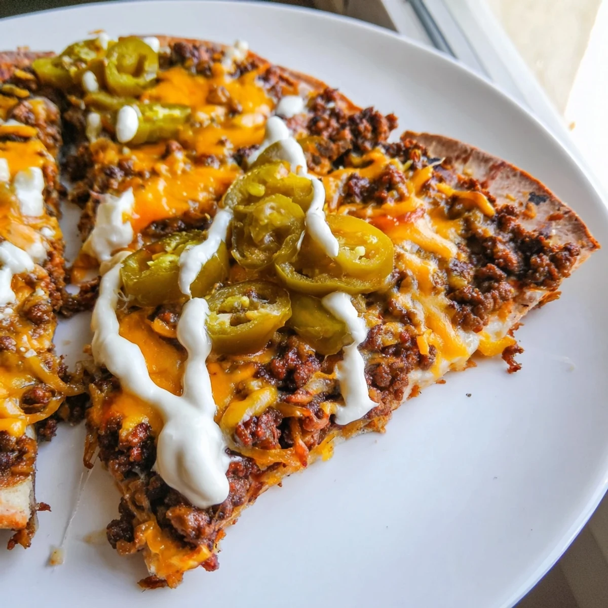 Imagine a close-up of this delicious Ground Beef Taco Pizza, ready to be sliced and devoured.