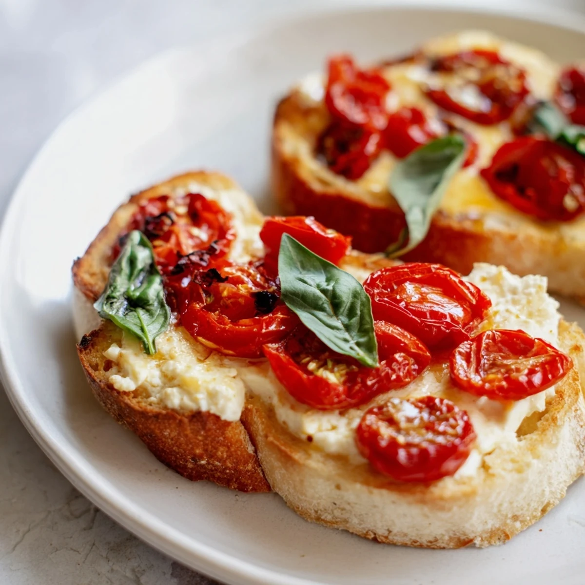Golden baked feta toast topped with roasted cherry tomatoes and fresh basil on crusty sourdough.