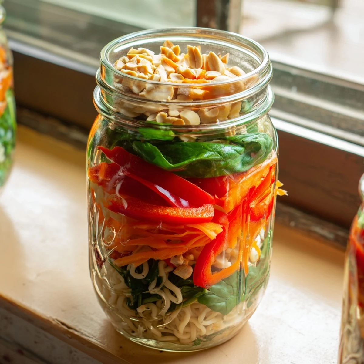 A single-serving Mason Jar Noodle Meal Prep showcasing vibrant layers of noodles, crunchy vegetables, and diced chicken breast.