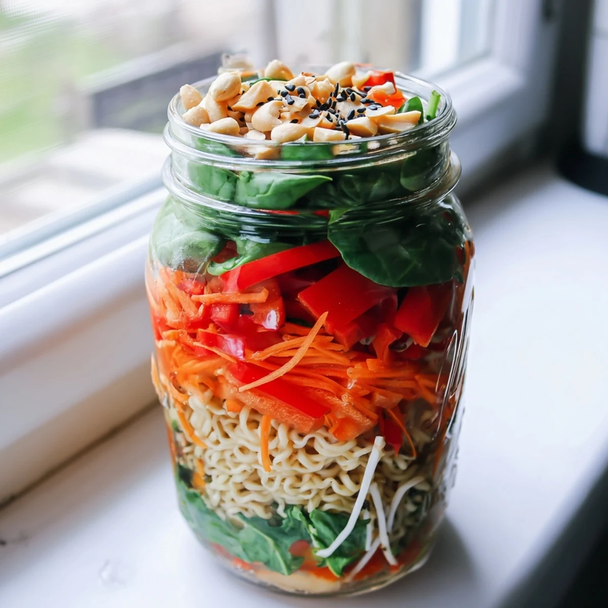 Spicy ramen noodles, fresh bean sprouts, and juicy tofu stacked inside a clear glass mason jar for lunch.