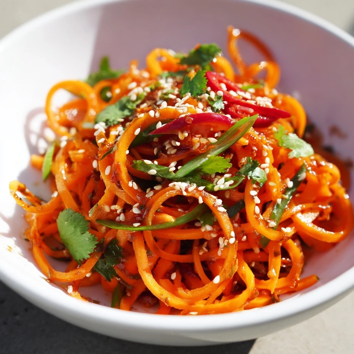 Freshly toasted sesame seeds and chopped cilantro garnish this crisp Carrot Ribbon Salad Asian-Style, served on a white platter.